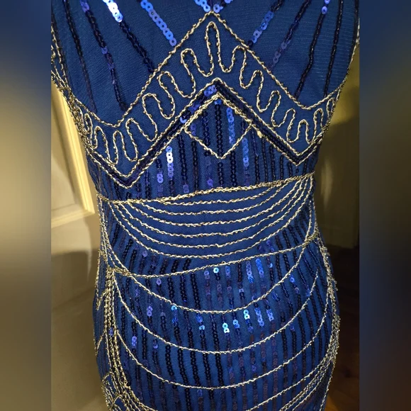Sequins beads & stitching ROYAL blue flapper-style dress long fringe sz S - Picture 4 of 10
